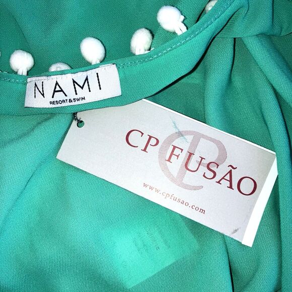 CP FUSAO sz M / L NAMI GREEN WHITE POM LONG BEACH SWIM COVER FLOWY DUSTER TUNIC - Picture 3 of 4